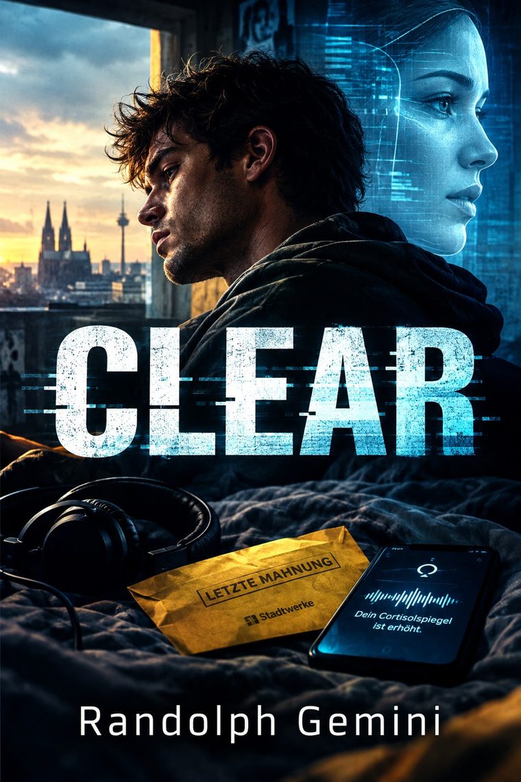 Buchcover von CLEAR, Cyber-Thriller von Randolph Gemini: Ein junger Mann blickt über die Kölner Skyline, daneben das Gesicht einer KI aus Datenlinien.