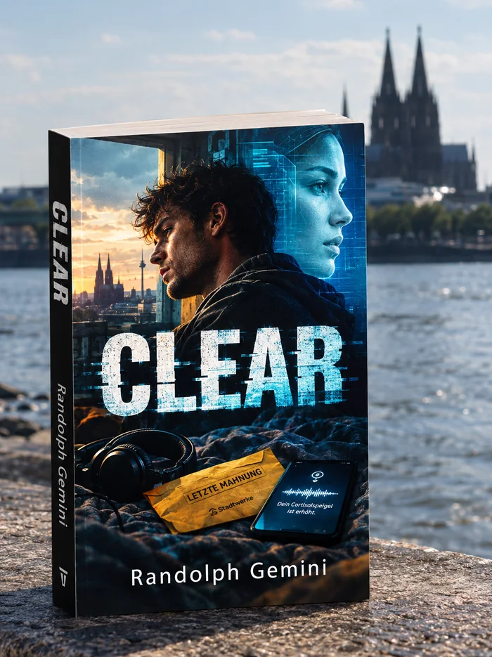 Das Taschenbuch CLEAR von Randolph Gemini vor dem Rhein und dem Kölner Dom